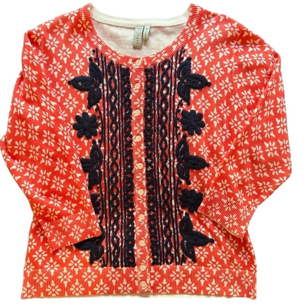 Sahalie Embroidered Floral Cardigan Women Size M Orange Boho Cottagecore